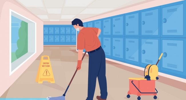 Cleaning,School,Hall,Flat,Color,Vector,Illustration.,Cleaner,On,Sweeping
